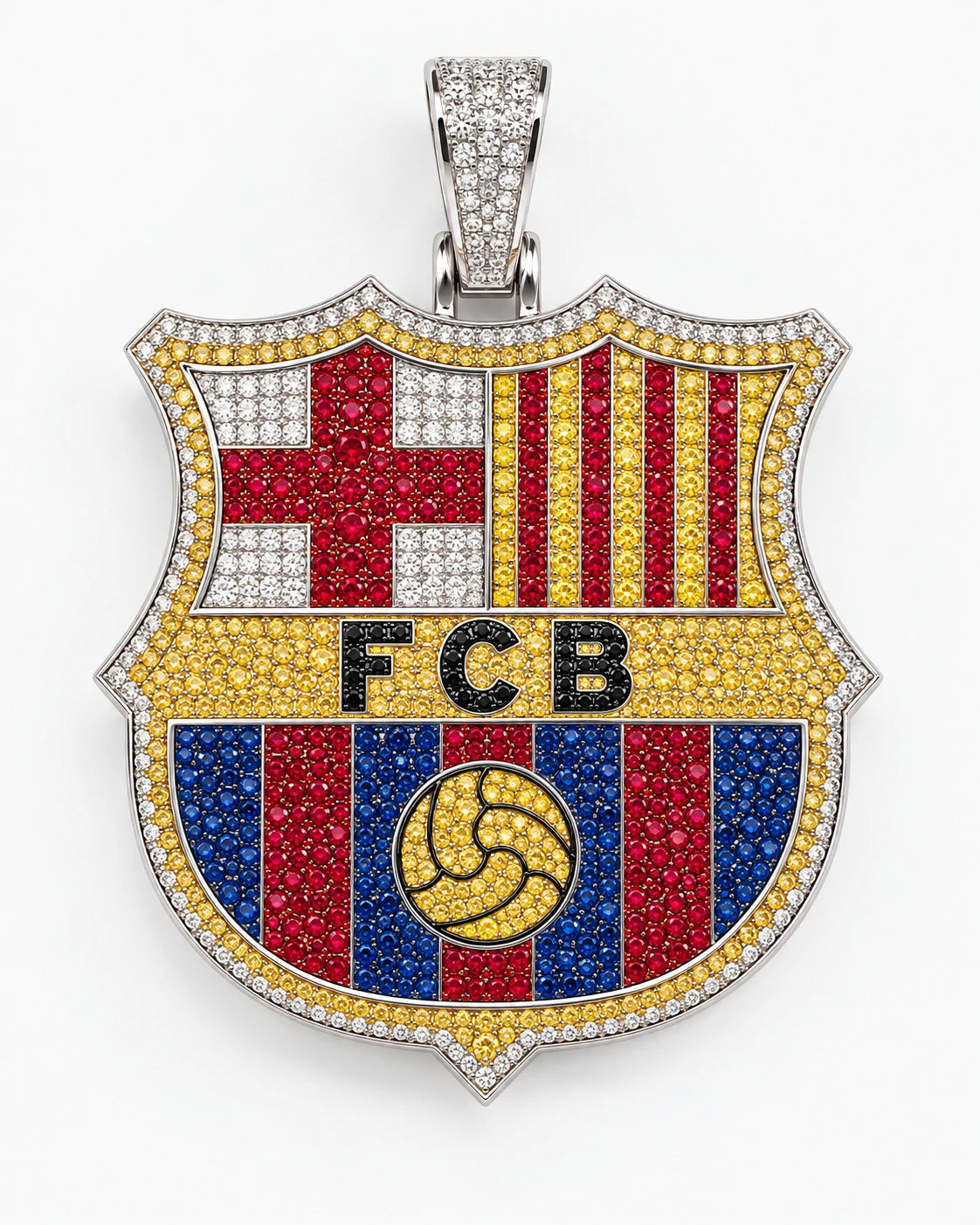 Oficjalna zawieszka FC Barcelona – herb wysadzany cyrkoniami w barwach klubu, widok z przodu